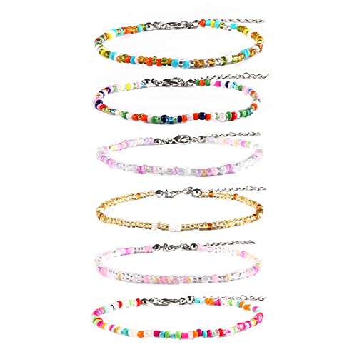 KINBOM 6 Stück Handgefertigte Perlen Fußkettchen für Frauen, Verstellbar Glas Perlen Fußkettchen Boho Fußkettchen Bunt Böhmische Armbänder für Strandparty Tägliches Tragen (Set 2) von KINBOM