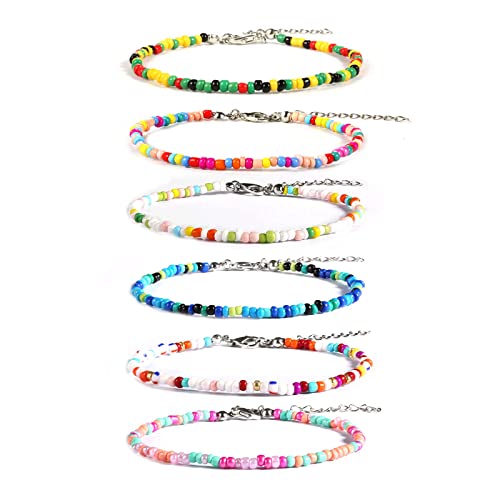 KINBOM 6 Stück Handgefertigte Perlen Fußkettchen für Frauen, Verstellbar Glas Perlen Fußkettchen Boho Fußkettchen Bunt Böhmische Armbänder für Strandparty Tägliches Tragen (Set 4) von KINBOM