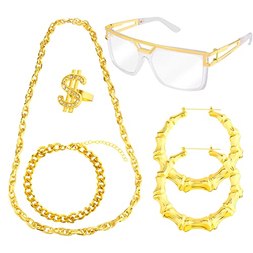 KINBOM 6 Stück Hip Hop Kostüm Set, Rapper Gold Kette Armband Ohrringe Ring und Sonnenbrille 80er 90er Hip Hop Accessoires Partyzubehör von KINBOM