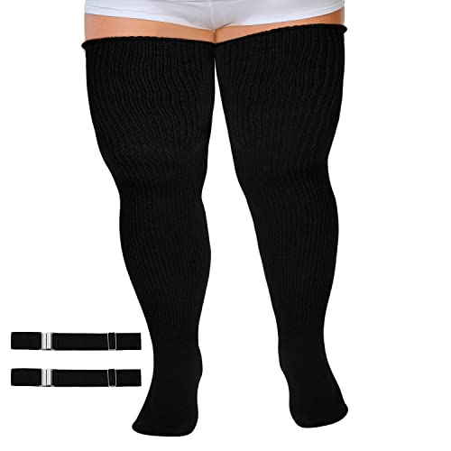 KINBOM Extra Große Oberschenkel Strümpfe, Schwarz Extra Lange Übergröße Hochsocken mit Verstellbaren Schnallen Beinwärmer für Damen Mädchen Dicke Oberschenkel von KINBOM