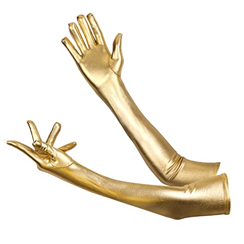 KINBOM Handschuhe Lang, Glänzend Handschuhe Lang Damen Katzenfrauen Accessoires Dehnbar Abendhandschuhe Lang Opernhandschuh Abendparty Tanzhandschuh für Damen (Gold) von KINBOM