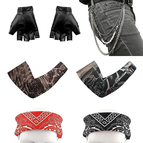 KINBOM Heavy Metal Accessoires Punk Accessoires Disco Kostüm Punk Kette Heavy-Metal-Accessoires Disco-Kostüm Punk-Ketten-Tattoo gefälschte Tattoos Ärmel Punk-Lederhandschuhe von KINBOM