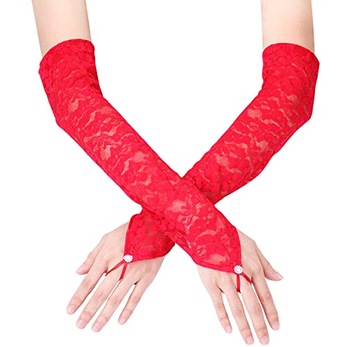 KINBOM Lange Spitzenhandschuhe, Brauthandschuhe für Hochzeit Fingerlose Spitzenhandschuhe für Frauen Teeparty Kostüme der 1920er Jahre Opernparty Maskerade, Ellenbogenlänge 40cm (Rot) von KINBOM