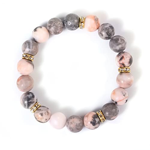 KINBOM Perlenarmbänder Damen, Gefrostete Rosa Zebraperlen Natursteinarmbänder Handgefertigte Elastische Kristallarmbänder Beruhigendes Heilendes Armband mit 5 Goldenen Glitzerschmuckstücken von KINBOM