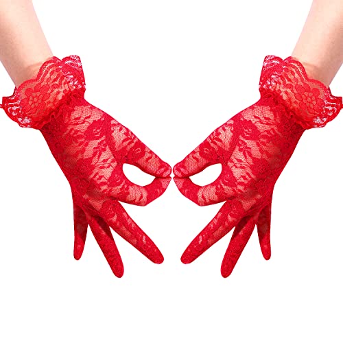 KINBOM Spitzenhandschuhe Damen Elegante Kurze Handschuhe Fischnetz-Spitzenhandschuhe Wunderschöne Handgelenk-Brauthandschuhe Hochzeit Tea Party Prom Cosplay 1920er (Rot) von KINBOM