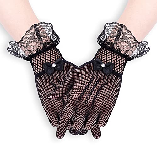 KINBOM Spitzenhandschuhe Elegante Kurze Handschuhe Spitzenhandschuhe Damen mit Strass Fliege Handschuh für Courtesy Sommer Oper Abend Hochzeit Tea Party Prom Cosplay (Schwarz) von KINBOM