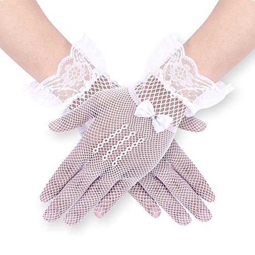 KINBOM Spitzenhandschuhe Elegante Kurze Handschuhe Spitzenhandschuhe Damen mit Strass Fliege Handschuh für Courtesy Sommer Oper Abend Hochzeit Tea Party Prom Cosplay (Weiß) von KINBOM