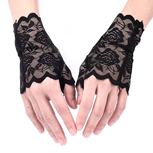 KINBOM Spitzenhandschuhe Fingerlos, Blumenmuster Braut Handschuhe Weiss Spitze für Hochzeit Spitzenhandschuhe Kurz Lace Gloves Fingerless für Damen Teeparty Abschlussball Maskerade, Ein Paar (Schwarz) von KINBOM