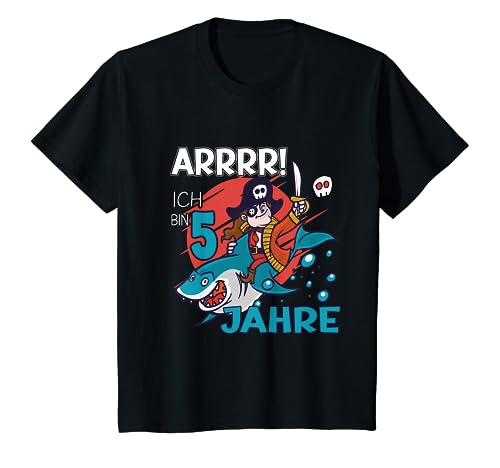 Kinder Kinder 5. Geburtstag Fünfjähriger Ich bin 5 Pirat Party T-Shirt von KINDERGEBURTSTAG DECKO KLEIDUNG PIRAT HAI 5 JAHRE