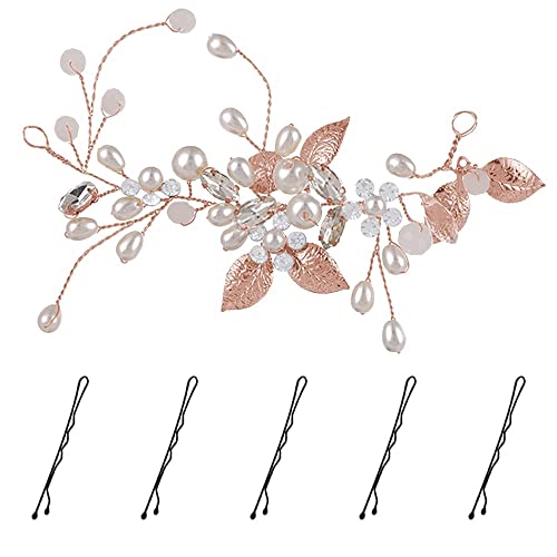 KINDOYO Braut Hochzeit Haarnadeln - Perle Strass Braut-HaarbänderZubehör Hochzeitsblumen-Haarband Brautjungfern Haarklammer für Frauen und Mädchen - Roségold von KINDOYO