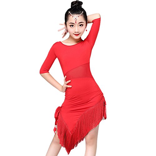KINDOYO Mädchen Kinder Tanz Kleidung Quaste Saum Latein Tanzkleid Übung Performances Wettbewerb Kostüm, Rot/150 von KINDOYO