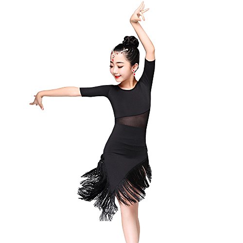 KINDOYO Mädchen Kinder Tanz Kleidung Quaste Saum Latein Tanzkleid Übung Performances Wettbewerb Kostüm, Schwarz/110 von KINDOYO