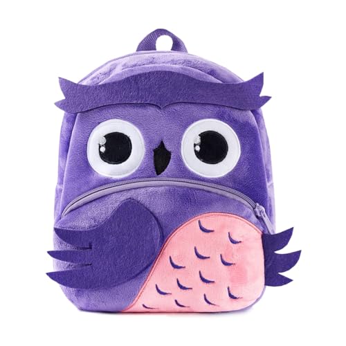 KING CHEER Niedlicher Mini-Kleinkind-Rucksack für Jungen und Mädchen, kleiner Plüsch-Kleinkind-Rucksack, perfekt für Prechool, Kindergarten, Reisen, Alter 2-4 Jahre, Violettfarbene Eule, S von KING CHEER