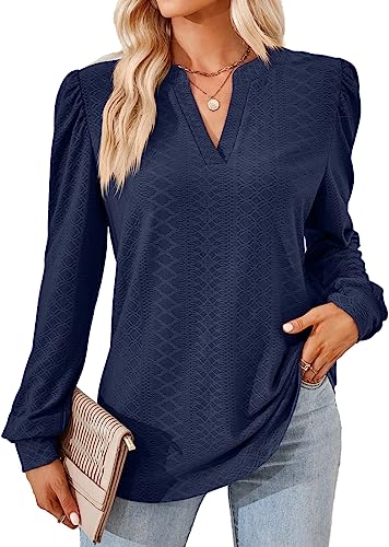 KINGDOLA Frauen Mode Hemd Langarm Shirts einfarbig V-Ausschnitt Jacquard Knopf lose Satin Longsleeve Damen Top Herbst Winter (Blau, L) von KINGDOLA