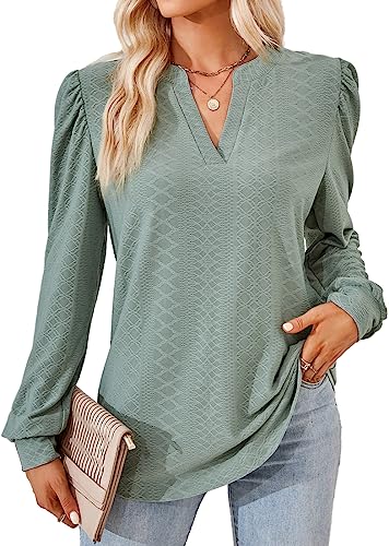 KINGDOLA Frauen Mode Hemd Langarm Shirts einfarbig V-Ausschnitt Jacquard Knopf lose Satin Longsleeve Damen Top Herbst Winter (Grün, XXL) von KINGDOLA