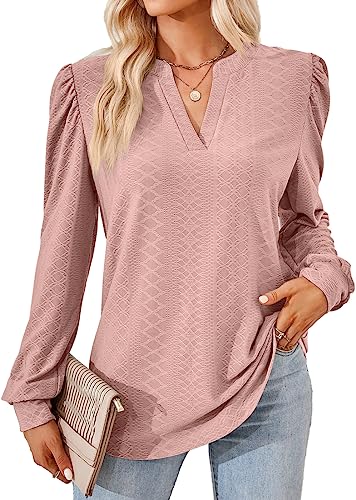 KINGDOLA Frauen Mode Hemd Langarm Shirts einfarbig V-Ausschnitt Jacquard Knopf lose Satin Longsleeve Damen Top Herbst Winter (Rosa, L) von KINGDOLA