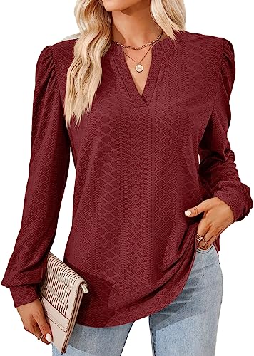 KINGDOLA Frauen Mode Hemd Langarm Shirts einfarbig V-Ausschnitt Jacquard Knopf lose Satin Longsleeve Damen Top Herbst Winter (Rot, XL) von KINGDOLA