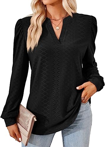 KINGDOLA Frauen Mode Hemd Langarm Shirts einfarbig V-Ausschnitt Jacquard Knopf lose Satin Longsleeve Damen Top Herbst Winter (1 Schwarz, S) von KINGDOLA