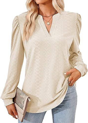 KINGDOLA Frauen Mode Hemd Langarm Shirts einfarbig V-Ausschnitt Jacquard Knopf lose Satin Longsleeve Damen Top Herbst Winter (Aprikose, S) von KINGDOLA