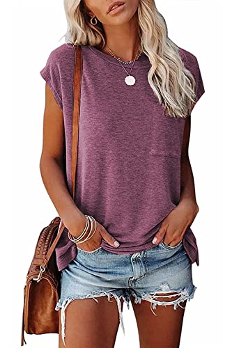 KINGFEN Damen Tshirt Sommer Bluse Elegant Kurzarm Oberteile Basic T-Shirt Locker Shirt Einfache Tops Casual Pullover mit Brusttasche Blusenshirt Tunika Lässig Longshirt Rot S von KINGFEN