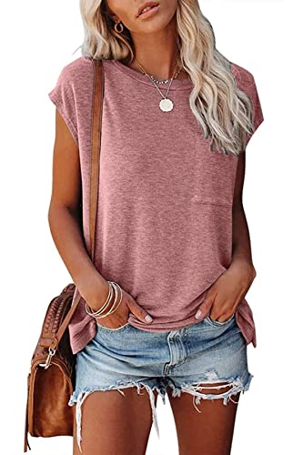 KINGFEN Damen Tshirt Sommer Bluse Elegant Kurzarm Oberteile Basic T-Shirt Locker Shirt Einfache Tops Casual Pullover mit Brusttasche Blusenshirt Tunika Lässig Longshirt Rosa M von KINGFEN