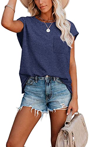 KINGFEN Damen Tshirt Sommer Bluse Elegant Kurzarm Oberteile Basic T-Shirt Locker Shirt Einfache Tops Casual Pullover mit Brusttasche Blusenshirt Tunika Lässig Longshirt Navy Blau L von KINGFEN