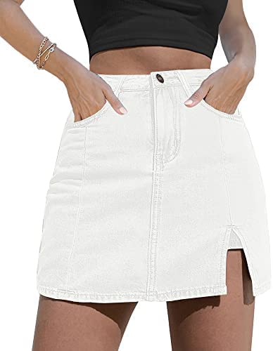 KINGFEN Damen Casual Denim Mini Rock Split Hem Hohe Taille Jean Rock Kurz Kleid Sommer, A-weiß, Klein von KINGFEN