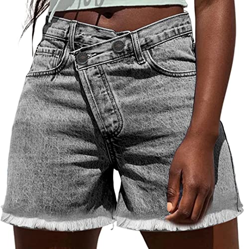 KINGFEN Damen Denim Shorts Hohe Taille Gerades Bein Raw Hem Sommer Hotpants mit Taschen, A-Grau, 40-42 von KINGFEN