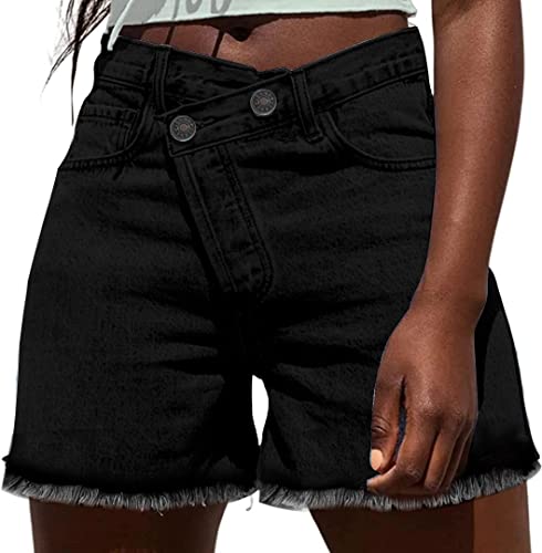 KINGFEN Damen Denim Shorts Hohe Taille Gerades Bein Raw Hem Sommer Hotpants mit Taschen, A-schwarz, 34-36 von KINGFEN