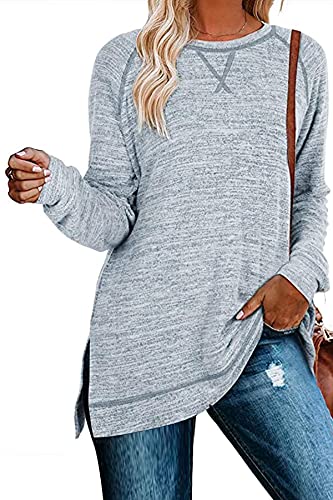 KINGFEN Damen Kleidung Damen Shirts Pullover Strick Lang Bluse Damen Winterpullover T-Shirts Longbluse Strickpulli Langer Blusen Damen Langarm Sweatshirts Hellblau M von KINGFEN