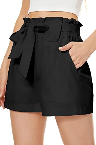 KINGFEN Damen Kurze Hose Shorts Elegant Schnürbare Schleife Sommer High Waist Hotpants Farbdruck Lockere Shorts Schwarz L von KINGFEN