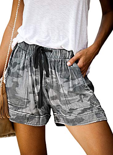 KINGFEN Damen Kurze Hosen Damen Sommer Leichte Hosen Damen Sommer Kurze Hosen Damen Leinen Kurze Stoffhose Damen Kurze Damen Hosen Leinenshorts Damen Tarnung Drucken L von KINGFEN