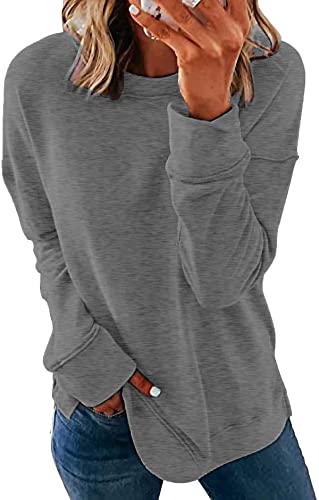 KINGFEN Damen Langarm Rundhals Pullover Kapuzenpullover Herbst Winter Lang Sweatshirts Blusen Lockere Passform Tops für den Winter Dark Grey S von KINGFEN