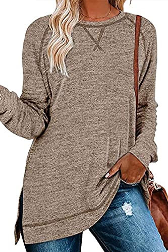 KINGFEN Damen Langarmshirt Damens Plus Size Longshirt Damen Langarm Oberteile Longpullover Blusen Female Casual Strickpullover Winter Tshirt Oberteil Hellgrau XL von KINGFEN