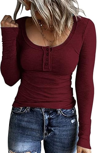 KINGFEN Damen Langarmshirt Elegant Pullover Damen Oberteile Casual Longpullover Sexy Sweatshirt Stretch Shirt Comfy Tshirts Herbst Winter Einfarbige Rot S von KINGFEN