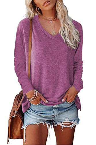 KINGFEN Damen Langarmshirts Oberteile Damen Pullover Baumwolle Oversize Shirt Damen Longshirts für Damen Sexy V Ausschnitt Herbst Winter Rot M von KINGFEN