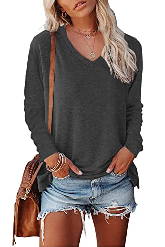 KINGFEN Damen Langarmshirts Oberteile Damen Pullover Baumwolle Oversize Shirt Damen Longshirts für Damen Sexy V Ausschnitt Herbst Winter Schwarz M von KINGFEN