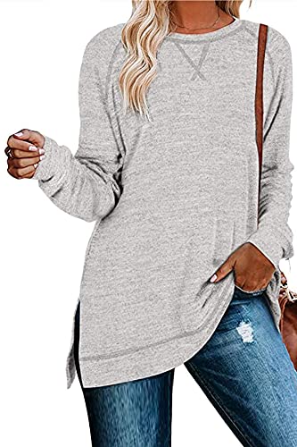 KINGFEN Damen Pullover Damens Lang Winter Tshirt Damen Damenpullover Tunika Basic Lange Shirts Sweater Tops Long Moderne Blusenshirt Hellgrau L von KINGFEN