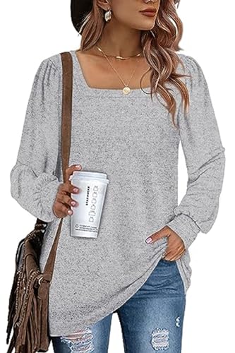 KINGFEN Damen Pullover Elegangt Langarmshirs Pulli Herbst Longbluse Essebtials Oberteile Longsleeve T-Shirts Quadratischer Ausschnitt Grau XL von KINGFEN