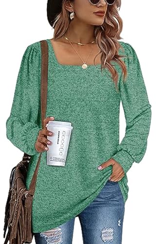 KINGFEN Damen Pullover Elegangt Langarmshirs Pulli Herbst Longbluse Essebtials Oberteile Longsleeve T-Shirts Quadratischer Ausschnitt Grün L von KINGFEN