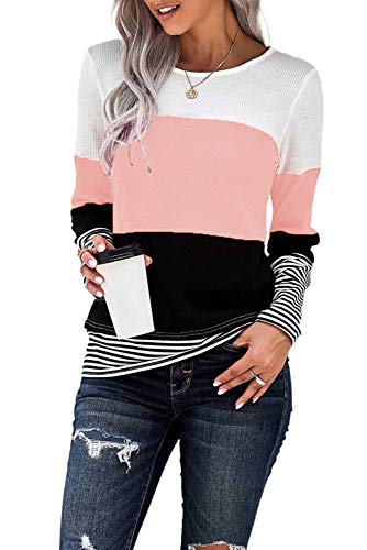 KINGFEN T-Shirt Damen Locker Pullover Damen Blusen Damen Farbblock Gestreift Winterpullover T-Shirts Longbluse Oberteile Damen Langer Bluse Damen Langarm Sweatshirts Rosa M von KINGFEN