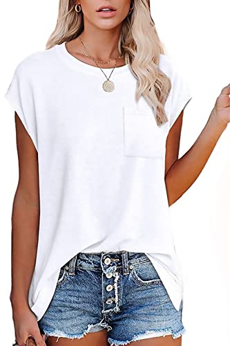 KINGFEN Damen Tshirt Sommer Bluse Elegant Kurzarm Oberteile Basic T-Shirt Locker Shirt Einfache Tops Casual Pullover mit Brusttasche Blusenshirt Tunika Lässig Longshirt Weiß L von KINGFEN