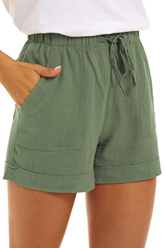 KINGFEN Damen-Shorts, Kordelzug, elastischer Bund, Sommer, lässig, einfarbig, Leinen-Shorts mit Taschen, A-grün, 40 von KINGFEN