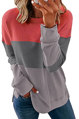 KINGFEN Damen Sweatshirt Rundhals Damen Pullover Langarmshirt Damen Tops Damen Farbblock Baumwolle Herbst Winter Oversize Lässig Sweatshirt Damen Lose Casual Oberteile Damen Grau M von KINGFEN