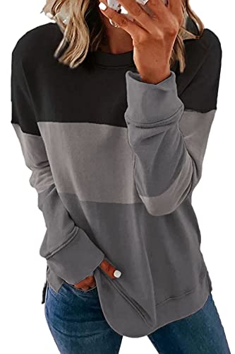 KINGFEN Damen Sweatshirt Rundhals Damen Pullover Langarmshirt Damen Tops Damen Farbblock Baumwolle Herbst Winter Oversize Lässig Sweatshirt Damen Casual Oberteile Damen Langarmshirt Damen Schwarz M von KINGFEN