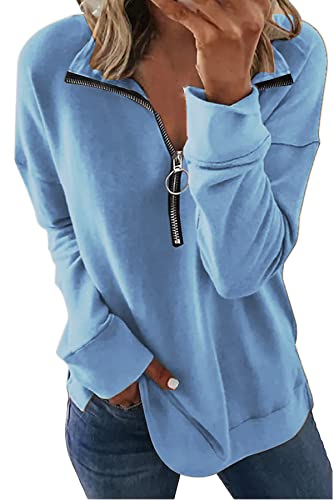 KINGFEN Damen-Sweatshirt mit langen Ärmeln, Viertelreißverschluss, lockerer Pullover mit Reißverschluss, A-blau, XL von KINGFEN