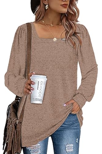 KINGFEN Damen Pullover Elegangt Langarmshirs Pulli Herbst Longblusen Einfarbig Oberteile Elegangckie Shirt Quadratischer Ausschnitt Beige XL von KINGFEN