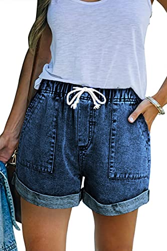 KINGFEN Jeans Kurze Hose Kurze Shorts Damen Kordelzug Frauen Kurze Hosen Damen Mode Shortsladies Summer Bequeme Hose Damen Strandhose Damen Kurz Blau L von KINGFEN