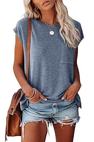 KINGFEN Damen Tshirt Sommer Bluse Elegant Kurzarm Oberteile Basic T-Shirt Locker Shirt Einfache Tops Casual Pullover mit Brusttasche Blusenshirt Tunika Lässig Longshirt Blau S von KINGFEN