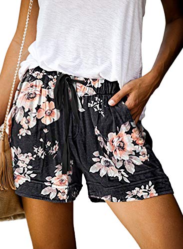 KINGFEN Kurze Hose Damen Shorts Blumenmuster Damen Leinenshorts Sommer Hose Damen Locker Bermuda Damen Für Strandurlaub, Picknick im Freien, zu Hause L von KINGFEN